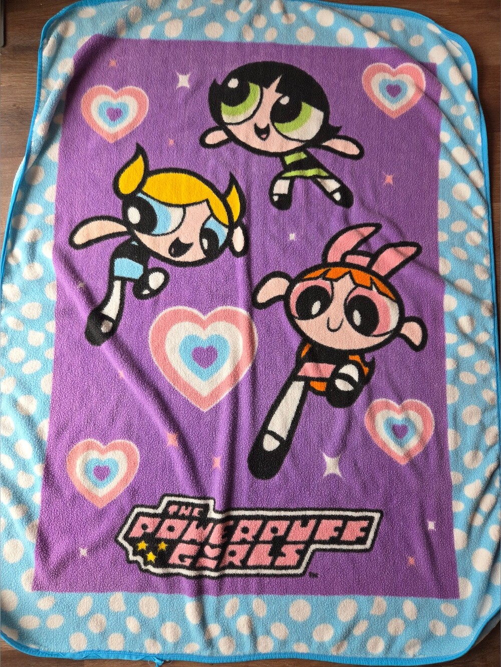 Vintage Y2K RARE Cartoon Network Powerpuff Girls Purple Blanket with some wear.